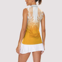 Philippines Barong Style Women Sleeveless Polo Shirt with Polynesian Art and Leaf Motif Yellow Color LT03 - Polynesian Pride