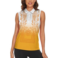 Philippines Barong Style Women Sleeveless Polo Shirt with Polynesian Art and Leaf Motif Yellow Color LT03 - Polynesian Pride
