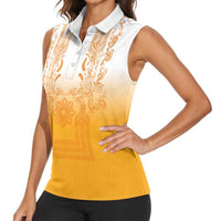 Philippines Barong Style Women Sleeveless Polo Shirt with Polynesian Art and Leaf Motif Yellow Color LT03 - Polynesian Pride
