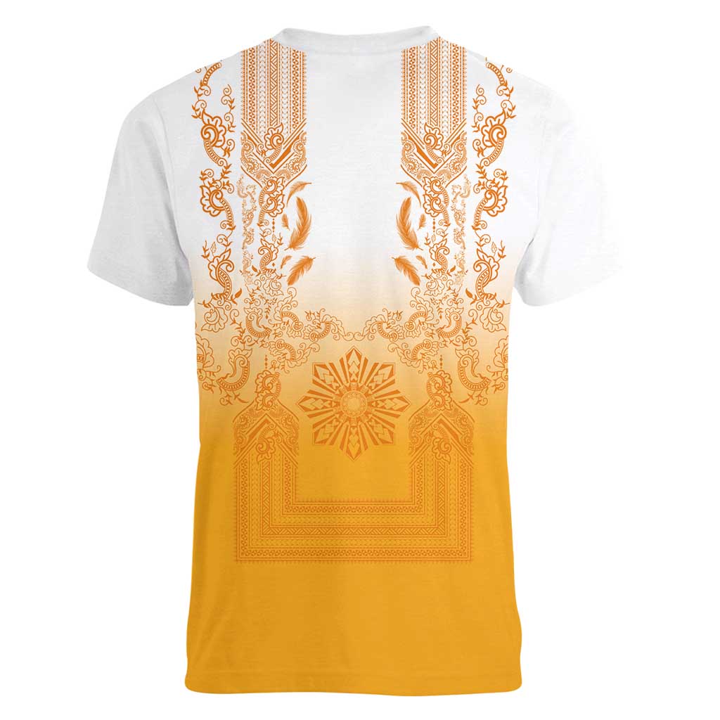 Philippines Barong Style Women V-Neck T-Shirt with Polynesian Art and Leaf Motif Yellow Color LT03 - Polynesian Pride