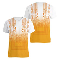Philippines Barong Style Women V-Neck T-Shirt with Polynesian Art and Leaf Motif Yellow Color LT03 - Polynesian Pride