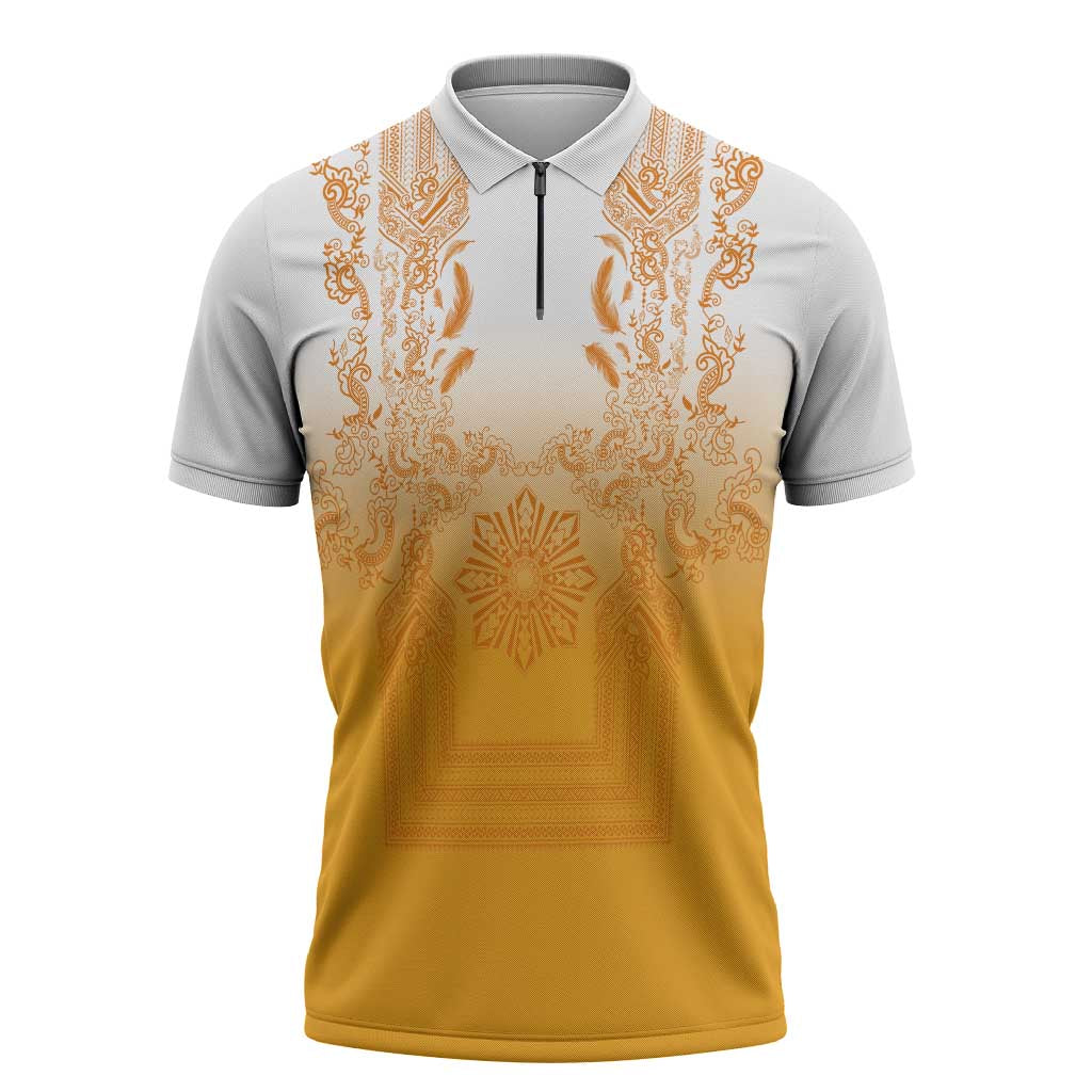 Philippines Barong Style Zipper Polo Shirt with Polynesian Art and Leaf Motif Yellow Color