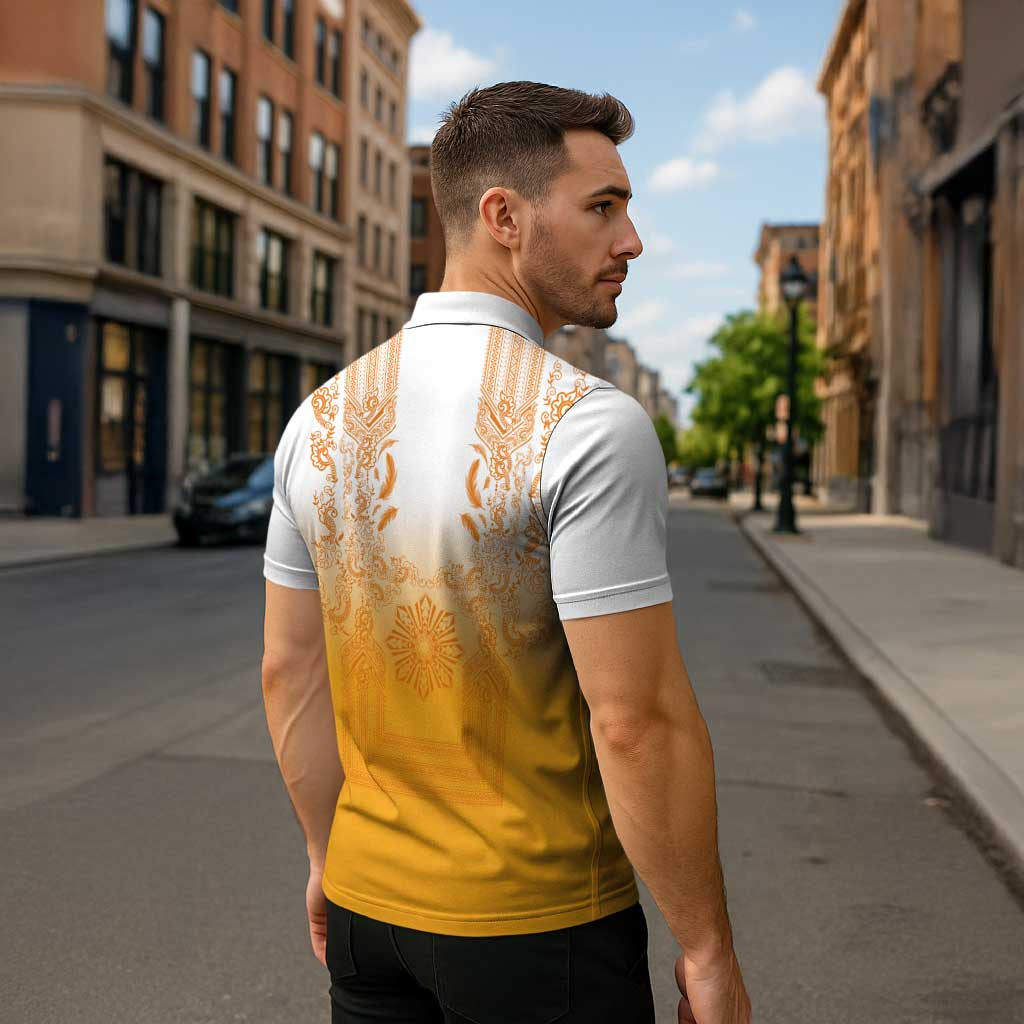 Philippines Barong Style Zipper Polo Shirt with Polynesian Art and Leaf Motif Yellow Color LT03 - Polynesian Pride