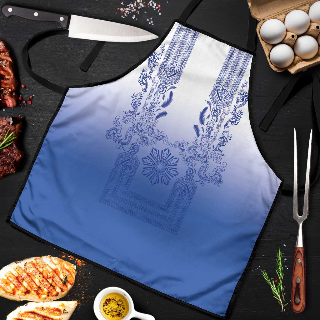 Philippines Barong Style Apron with Polynesian Art and Leaf Motif Blue Color