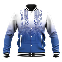 Philippines Barong Style Baseball Jacket with Polynesian Art and Leaf Motif Blue Color