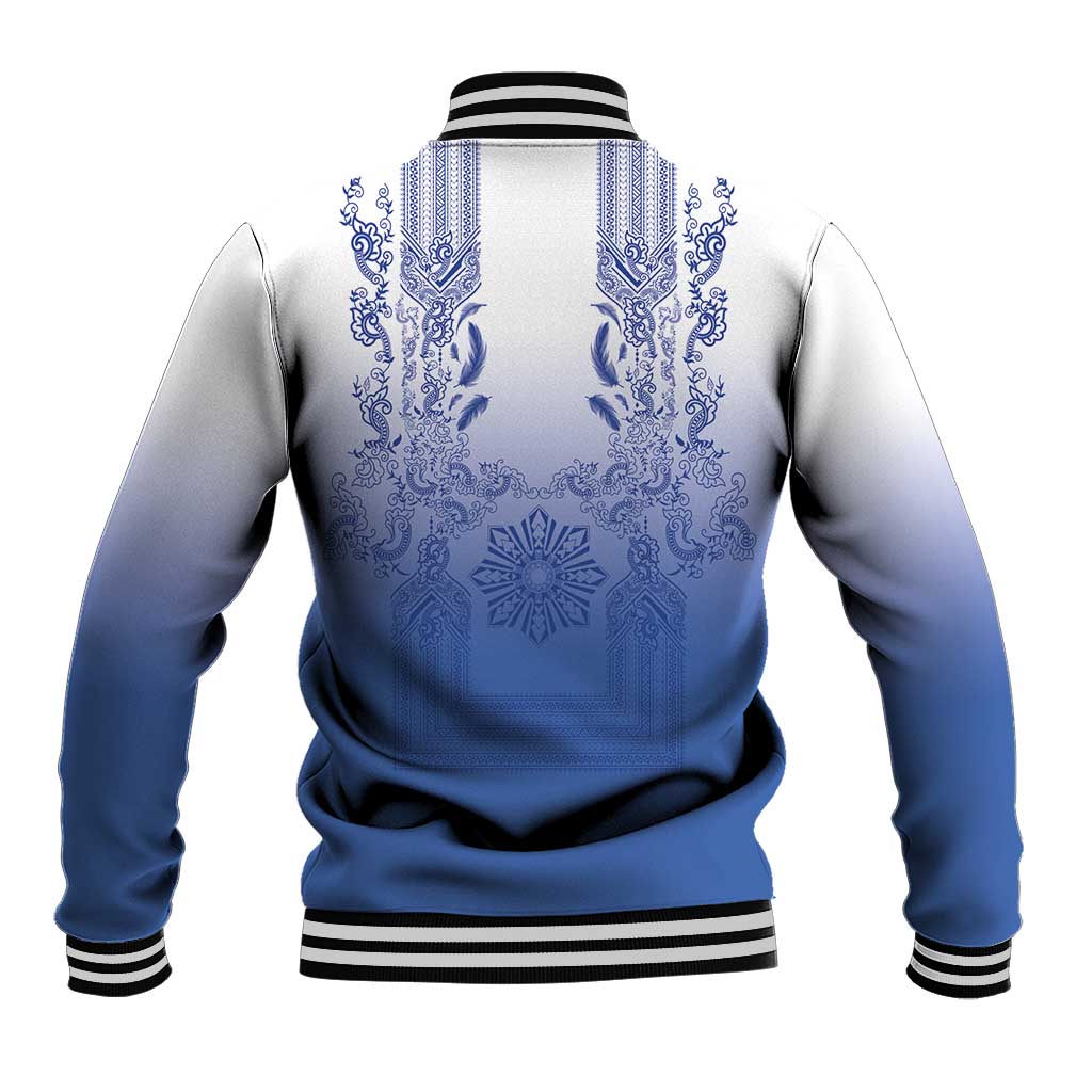 Philippines Barong Style Baseball Jacket with Polynesian Art and Leaf Motif Blue Color