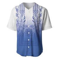 Philippines Barong Style Baseball Jersey with Polynesian Art and Leaf Motif Blue Color