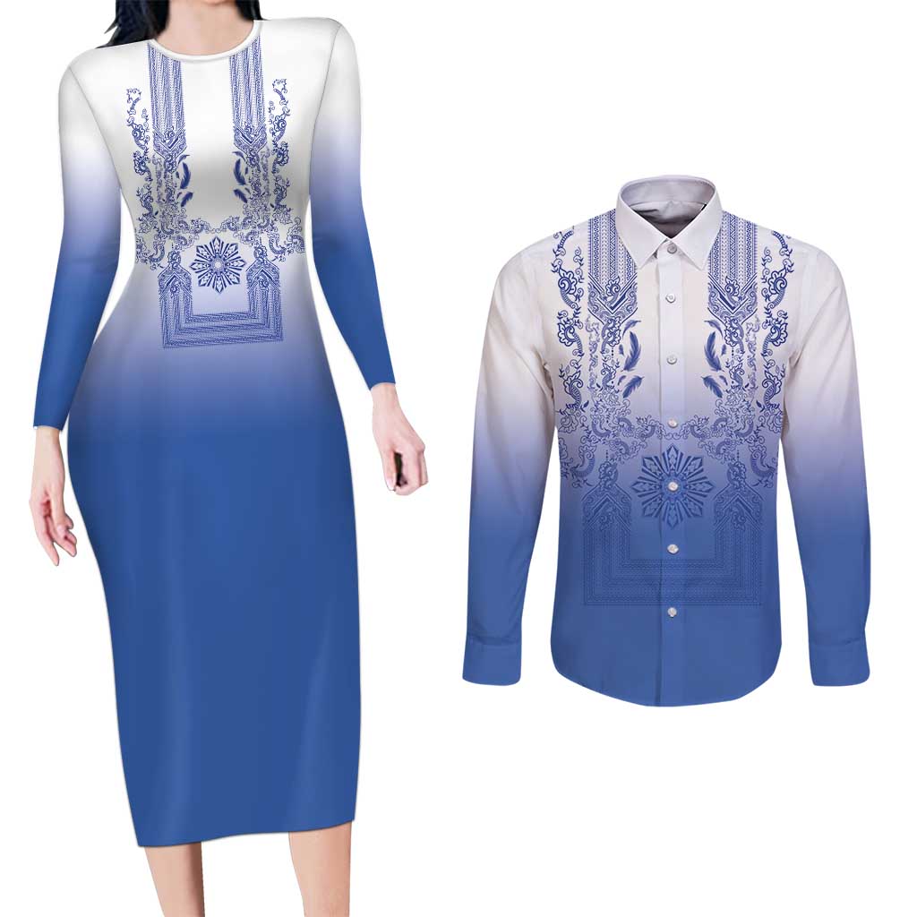 Philippines Barong Style Couples Matching Long Sleeve Bodycon Dress and Long Sleeve Button Shirt with Polynesian Art and Leaf Motif Blue Color LT03 Blue - Polynesian Pride