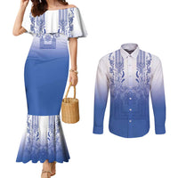 Philippines Barong Style Couples Matching Mermaid Dress and Long Sleeve Button Shirt with Polynesian Art and Leaf Motif Blue Color LT03 Blue - Polynesian Pride