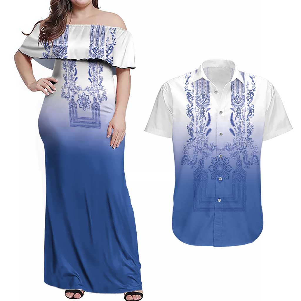 Philippines Barong Style Couples Matching Off Shoulder Maxi Dress and Hawaiian Shirt with Polynesian Art and Leaf Motif Blue Color LT03 Blue - Polynesian Pride