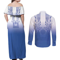 Philippines Barong Style Couples Matching Off Shoulder Maxi Dress and Long Sleeve Button Shirt with Polynesian Art and Leaf Motif Blue Color LT03 - Polynesian Pride