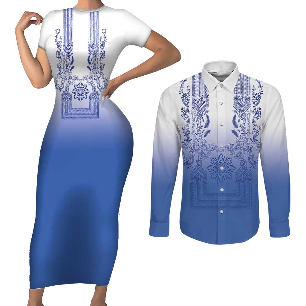 Philippines Barong Style Couples Matching Short Sleeve Bodycon Dress and Long Sleeve Button Shirt with Polynesian Art and Leaf Motif Blue Color LT03 Blue - Polynesian Pride