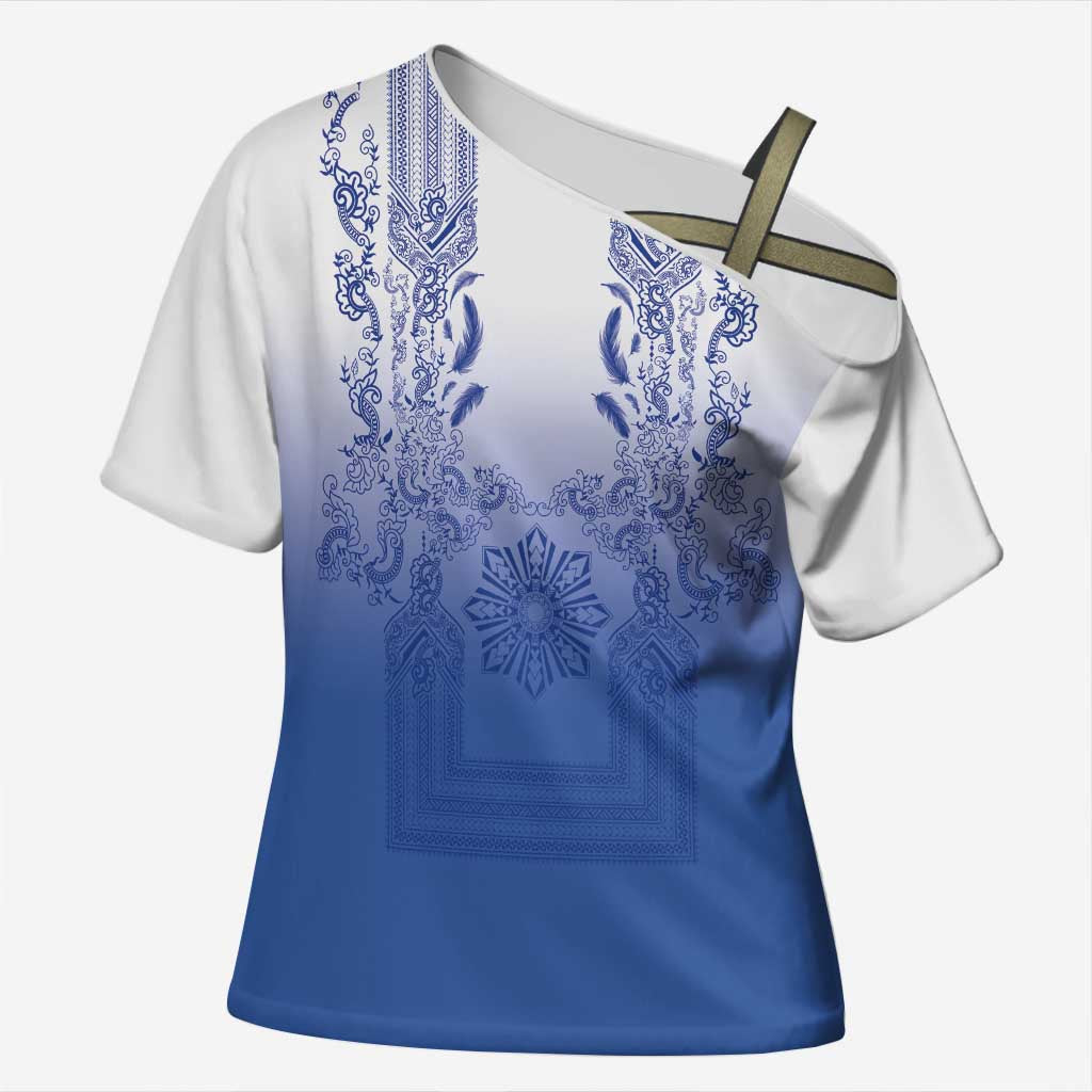 Philippines Barong Style Cross Shoulder Shirt with Polynesian Art and Leaf Motif Blue Color