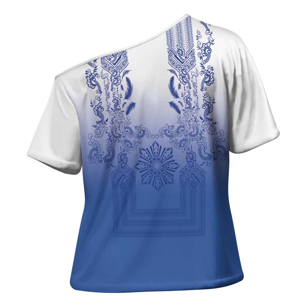 Philippines Barong Style Cross Shoulder Shirt with Polynesian Art and Leaf Motif Blue Color