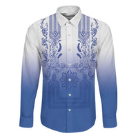 Philippines Barong Style Family Matching Long Sleeve Bodycon Dress and Hawaiian Shirt with Polynesian Art and Leaf Motif Blue Color LT03 Dad's Shirt - Long Sleeve Blue - Polynesian Pride