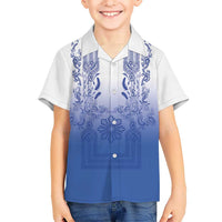 Philippines Barong Style Family Matching Long Sleeve Bodycon Dress and Hawaiian Shirt with Polynesian Art and Leaf Motif Blue Color LT03 Son's Shirt Blue - Polynesian Pride