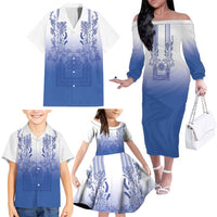 Philippines Barong Style Family Matching Off The Shoulder Long Sleeve Dress and Hawaiian Shirt with Polynesian Art and Leaf Motif Blue Color LT03 - Polynesian Pride
