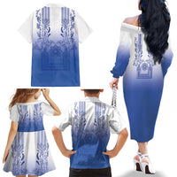 Philippines Barong Style Family Matching Off The Shoulder Long Sleeve Dress and Hawaiian Shirt with Polynesian Art and Leaf Motif Blue Color LT03 - Polynesian Pride