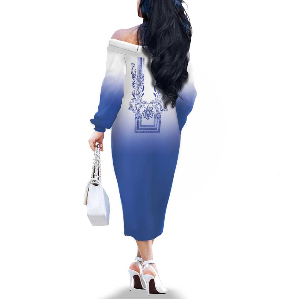 Philippines Barong Style Family Matching Off The Shoulder Long Sleeve Dress and Hawaiian Shirt with Polynesian Art and Leaf Motif Blue Color LT03 - Polynesian Pride