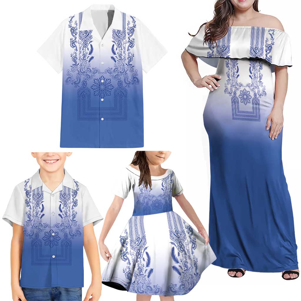 Philippines Barong Style Family Matching Off Shoulder Maxi Dress and Hawaiian Shirt with Polynesian Art and Leaf Motif Blue Color LT03 - Polynesian Pride