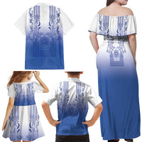 Philippines Barong Style Family Matching Off Shoulder Maxi Dress and Hawaiian Shirt with Polynesian Art and Leaf Motif Blue Color LT03 - Polynesian Pride
