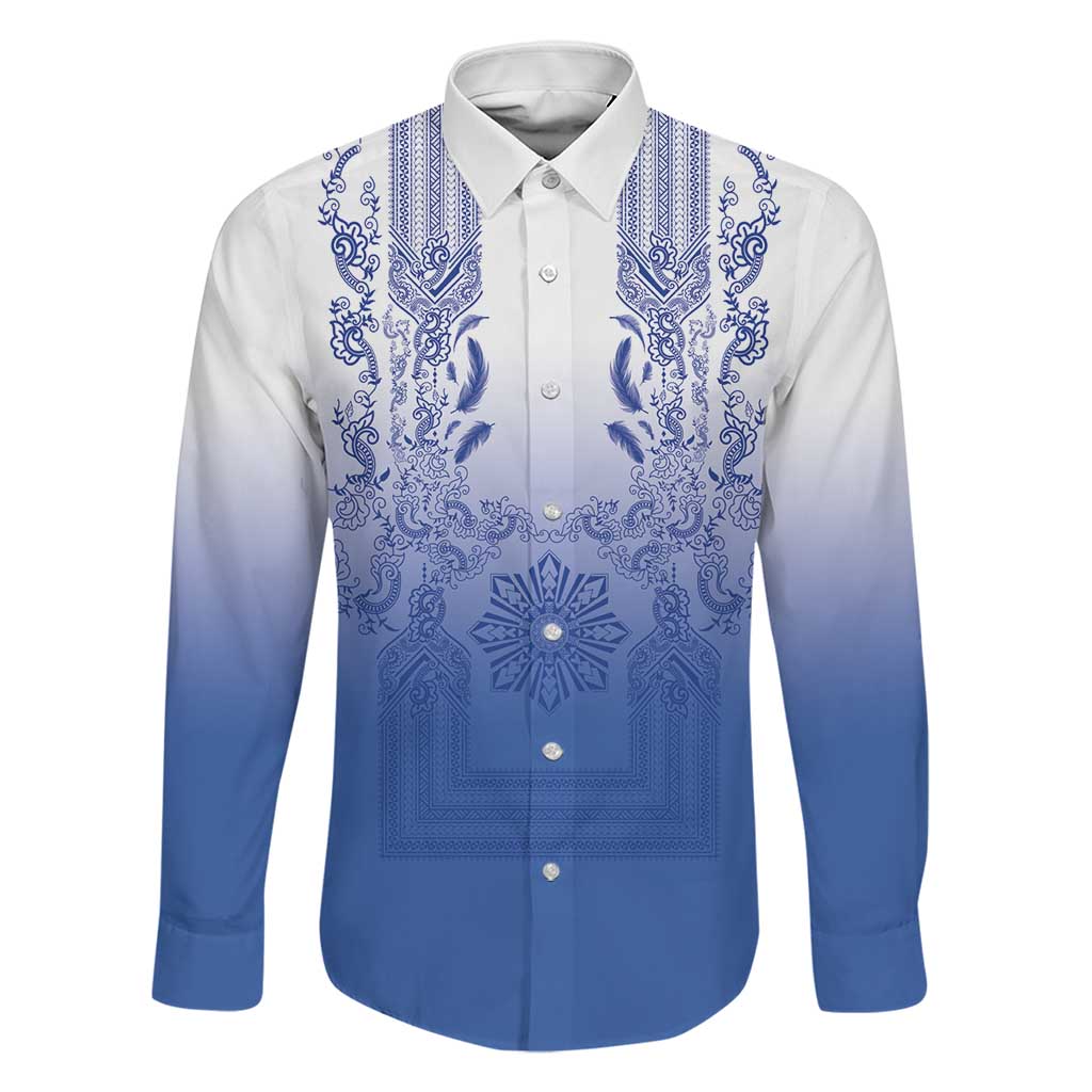 Philippines Barong Style Family Matching Off Shoulder Maxi Dress and Hawaiian Shirt with Polynesian Art and Leaf Motif Blue Color LT03 Dad's Shirt - Long Sleeve Blue - Polynesian Pride