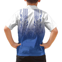 Philippines Barong Style Family Matching Off Shoulder Short Dress and Hawaiian Shirt with Polynesian Art and Leaf Motif Blue Color