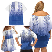 Philippines Barong Style Family Matching Off Shoulder Short Dress and Hawaiian Shirt with Polynesian Art and Leaf Motif Blue Color