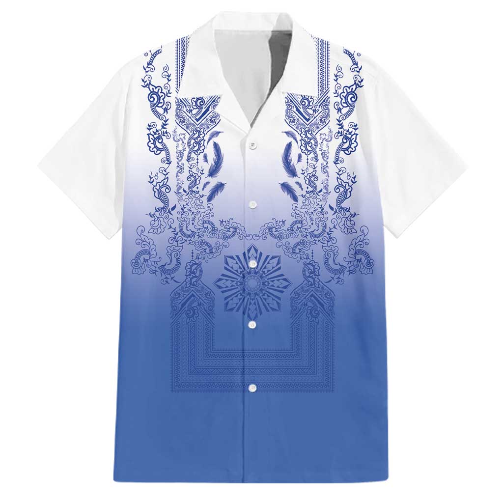 Philippines Barong Style Family Matching Off Shoulder Short Dress and Hawaiian Shirt with Polynesian Art and Leaf Motif Blue Color