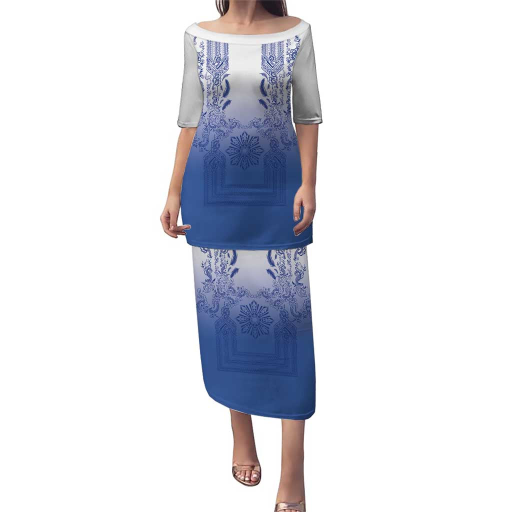 Philippines Barong Style Family Matching Puletasi and Hawaiian Shirt with Polynesian Art and Leaf Motif Blue Color