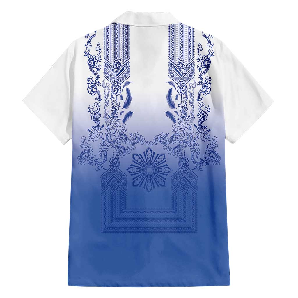 Philippines Barong Style Family Matching Short Sleeve Bodycon Dress and Hawaiian Shirt with Polynesian Art and Leaf Motif Blue Color LT03 - Polynesian Pride