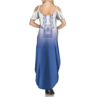Philippines Barong Style Family Matching Summer Maxi Dress and Hawaiian Shirt with Polynesian Art and Leaf Motif Blue Color LT03 - Polynesian Pride