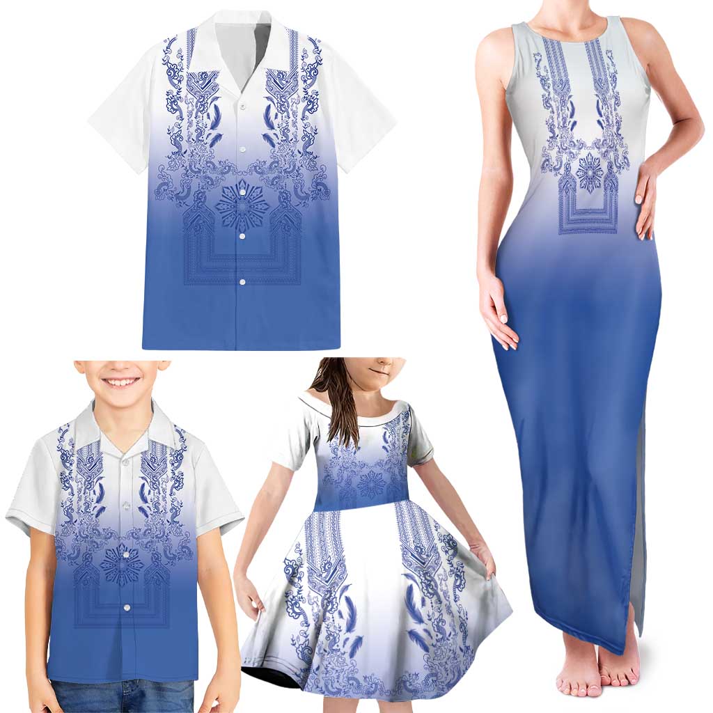 Philippines Barong Style Family Matching Tank Maxi Dress and Hawaiian Shirt with Polynesian Art and Leaf Motif Blue Color