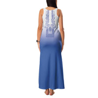 Philippines Barong Style Family Matching Tank Maxi Dress and Hawaiian Shirt with Polynesian Art and Leaf Motif Blue Color LT03 - Polynesian Pride