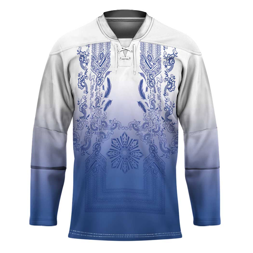 Philippines Barong Style Hockey Jersey with Polynesian Art and Leaf Motif Blue Color