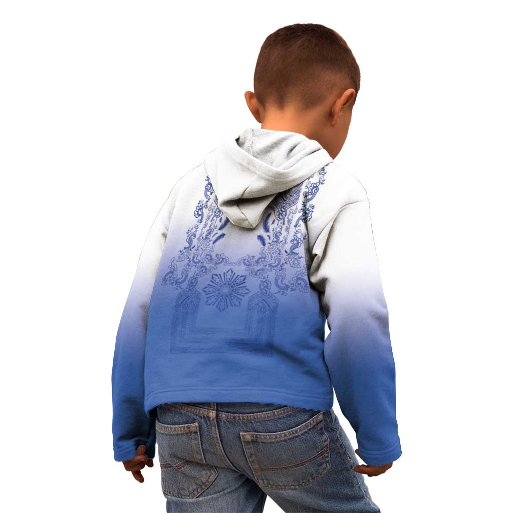 Philippines Barong Style Kid Hoodie with Polynesian Art and Leaf Motif Blue Color