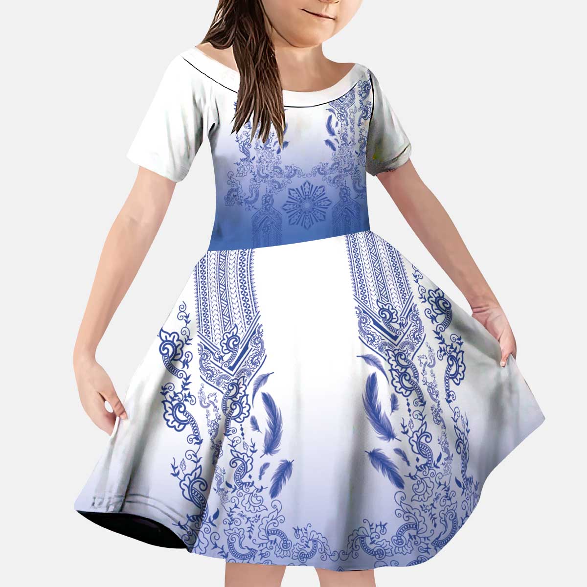 Philippines Barong Style Kid Short Sleeve Dress with Polynesian Art and Leaf Motif Blue Color