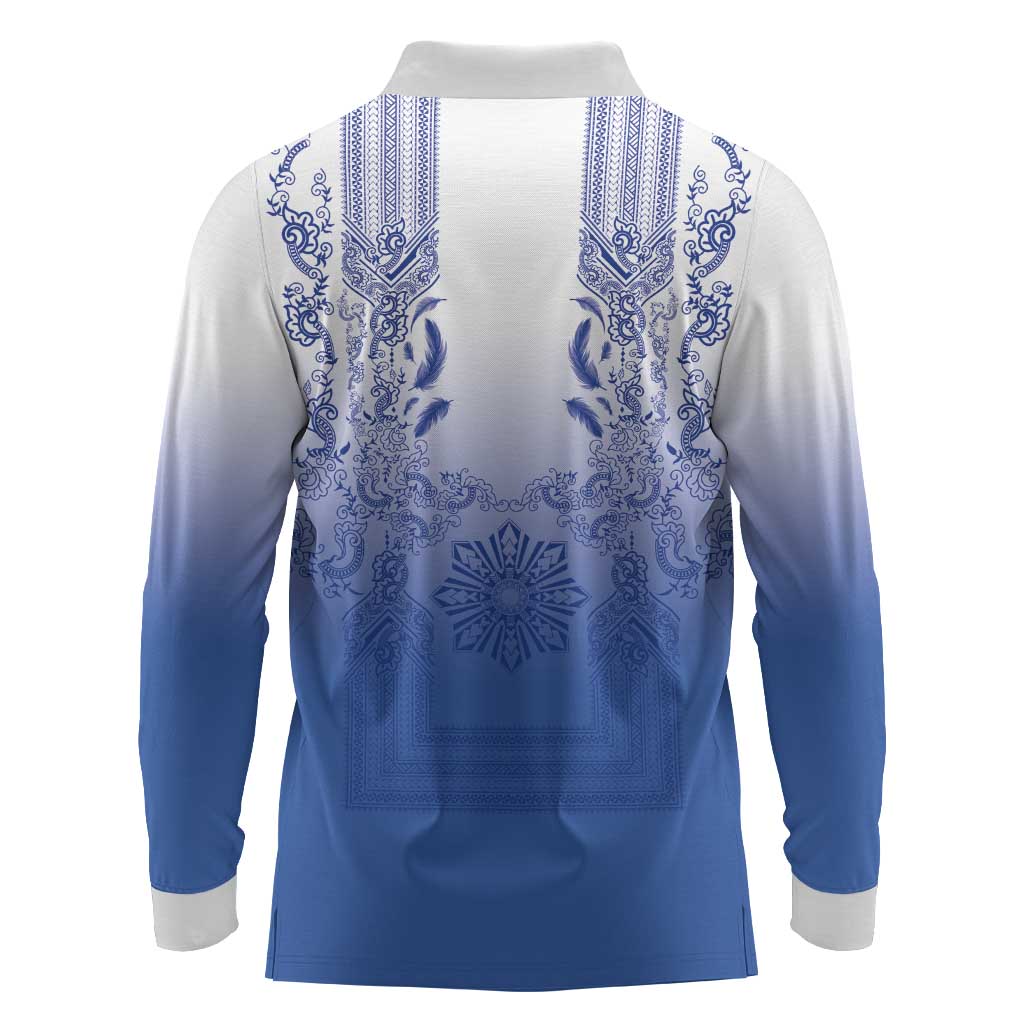 Philippines Barong Style Long Sleeve Polo Shirt with Polynesian Art and Leaf Motif Blue Color