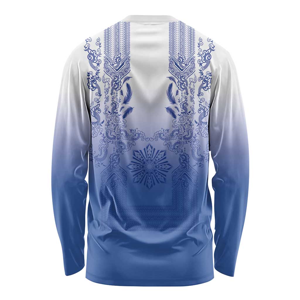 Philippines Barong Style Long Sleeve Shirt with Polynesian Art and Leaf Motif Blue Color LT03 - Polynesian Pride