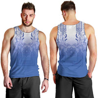 Philippines Barong Style Men Tank Top with Polynesian Art and Leaf Motif Blue Color
