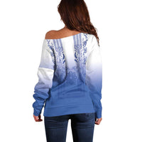 Philippines Barong Style Off Shoulder Sweater with Polynesian Art and Leaf Motif Blue Color