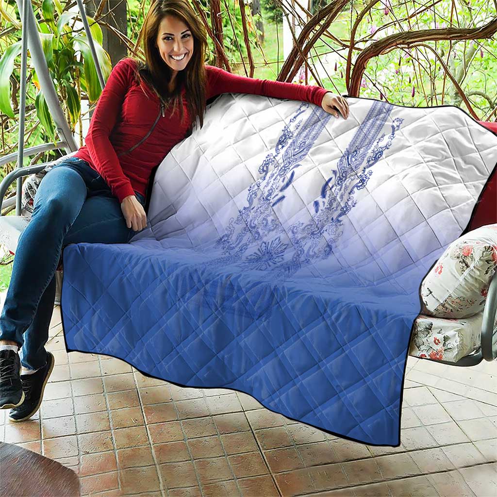 Philippines Barong Style Quilt with Polynesian Art and Leaf Motif Blue Color