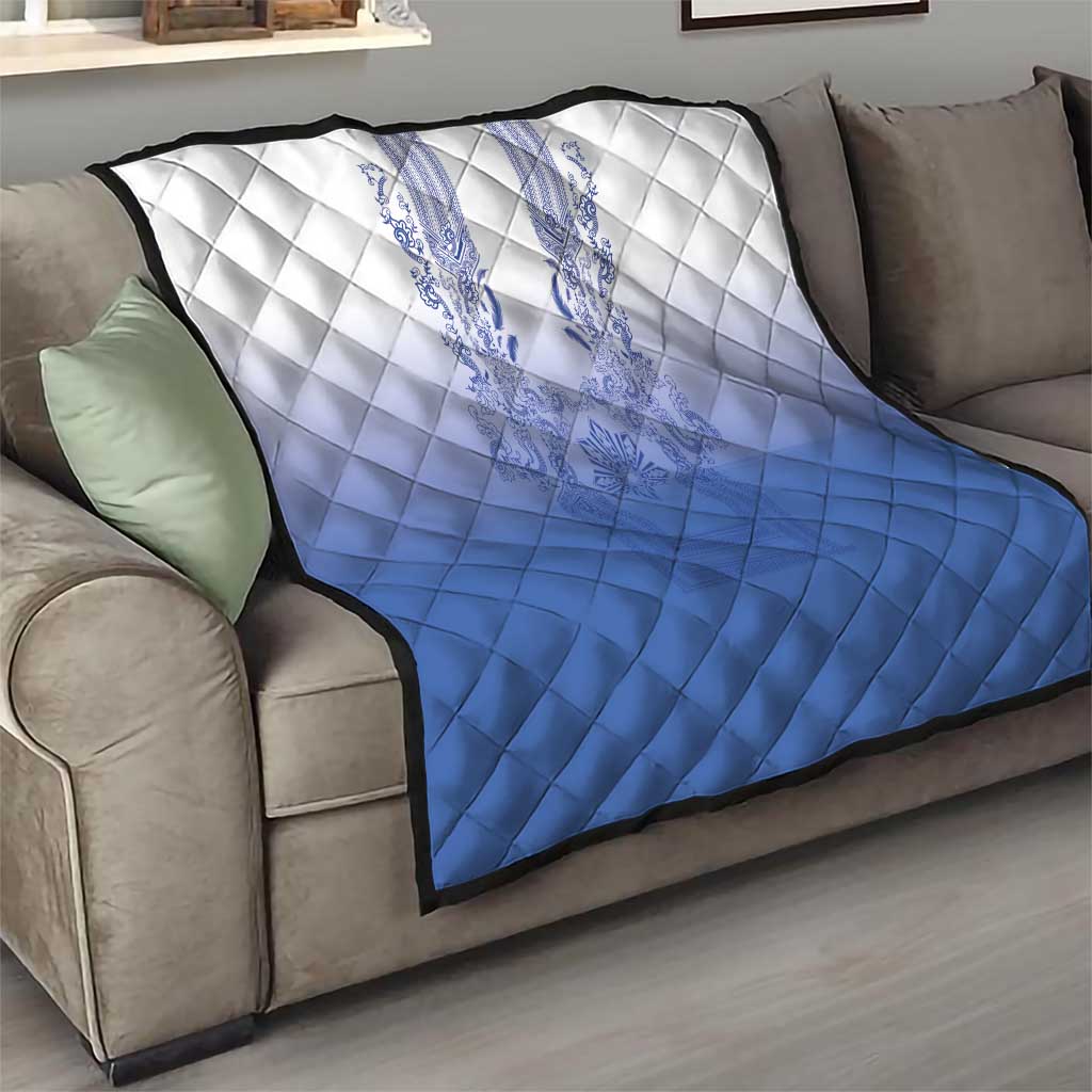 Philippines Barong Style Quilt with Polynesian Art and Leaf Motif Blue Color