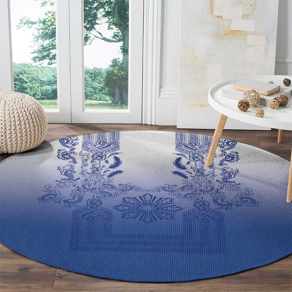 Philippines Barong Style Round Carpet with Polynesian Art and Leaf Motif Blue Color LT03 - Polynesian Pride