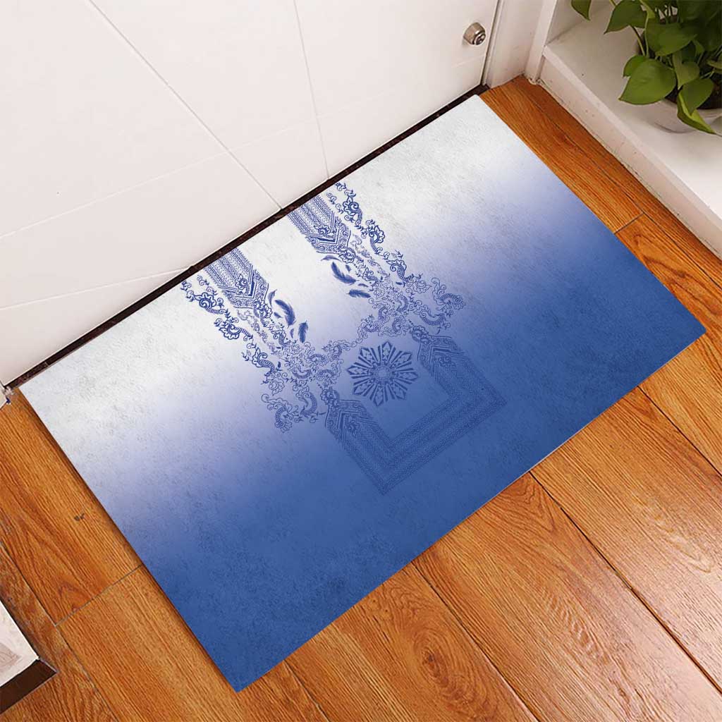 Philippines Barong Style Rubber Doormat with Polynesian Art and Leaf Motif Blue Color