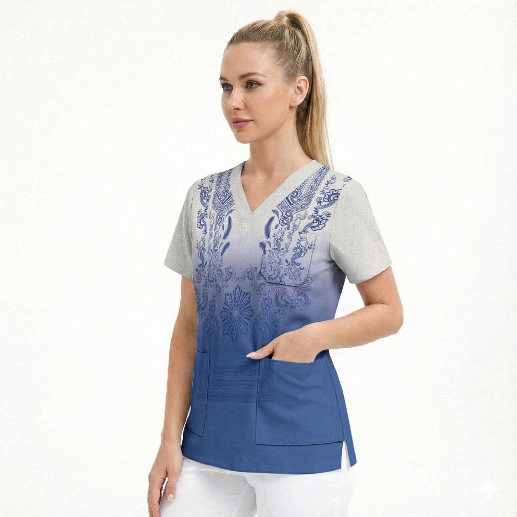 Philippines Barong Style Scrub Top with Polynesian Art and Leaf Motif Blue Color