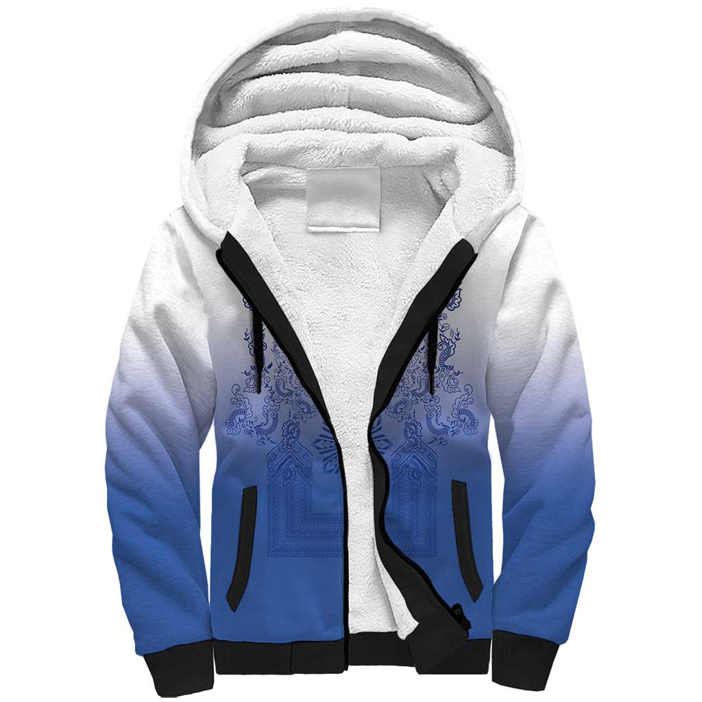 Philippines Barong Style Sherpa Hoodie with Polynesian Art and Leaf Motif Blue Color