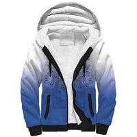 Philippines Barong Style Sherpa Hoodie with Polynesian Art and Leaf Motif Blue Color