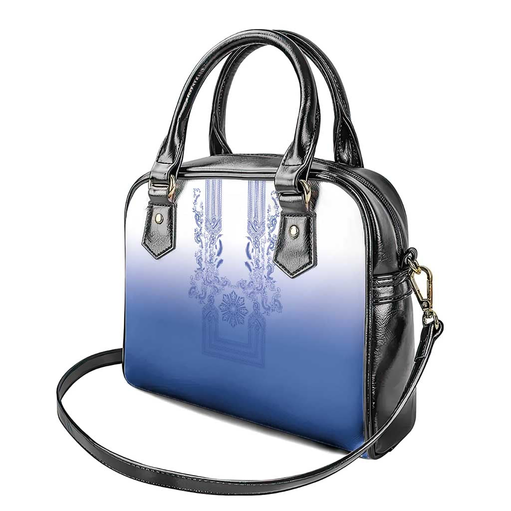 Philippines Barong Style Shoulder Handbag with Polynesian Art and Leaf Motif Blue Color