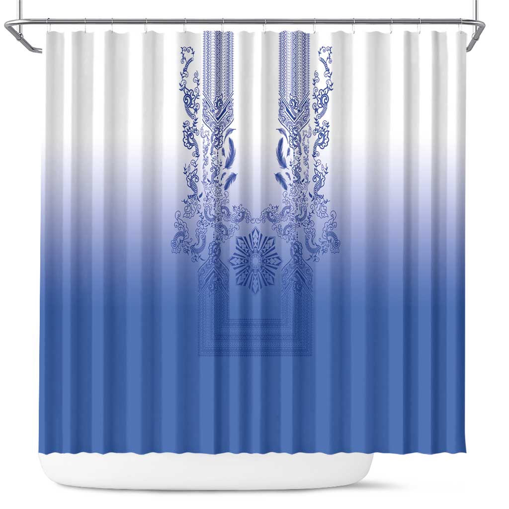 Philippines Barong Style Shower Curtain with Polynesian Art and Leaf Motif Blue Color LT03 Blue - Polynesian Pride
